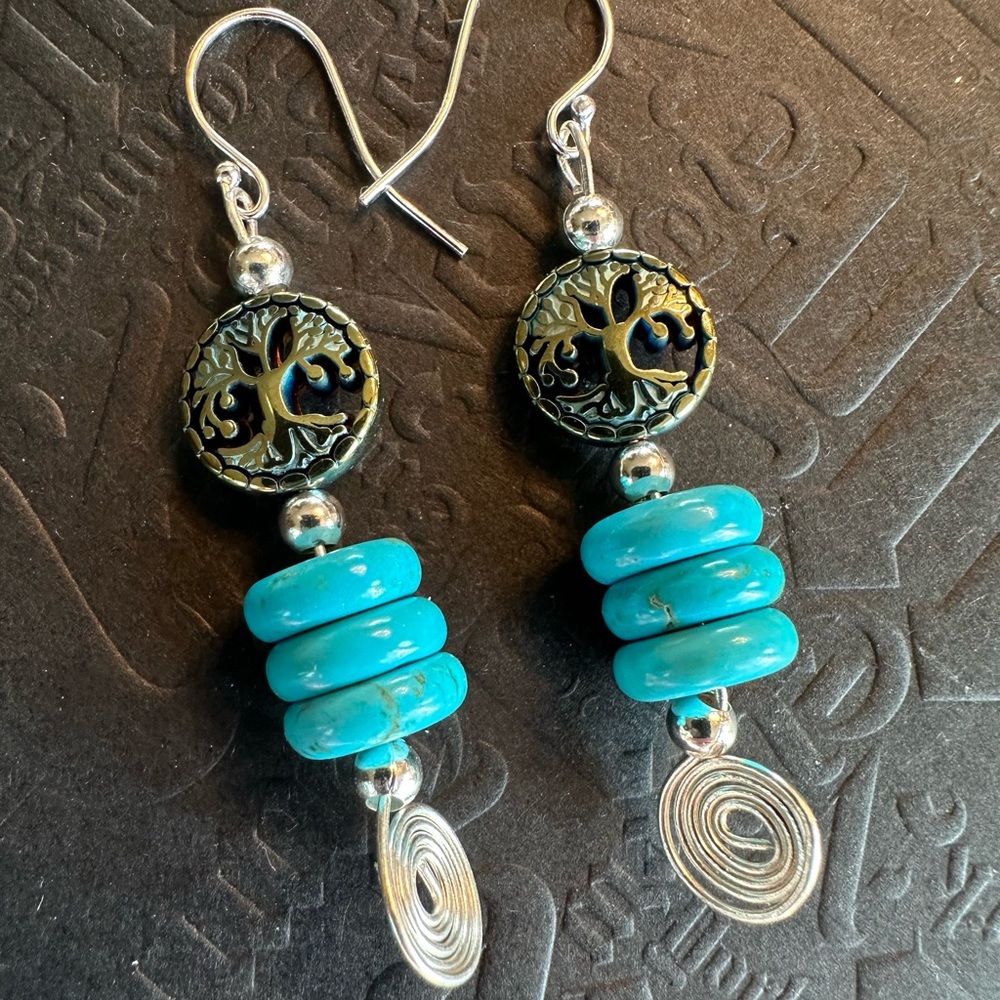 ARTISAN Tree of Life Turquoise Heishi Bead Wire Wrapped Sterling Earrings 2 1/3” - Picture 3 of 7
